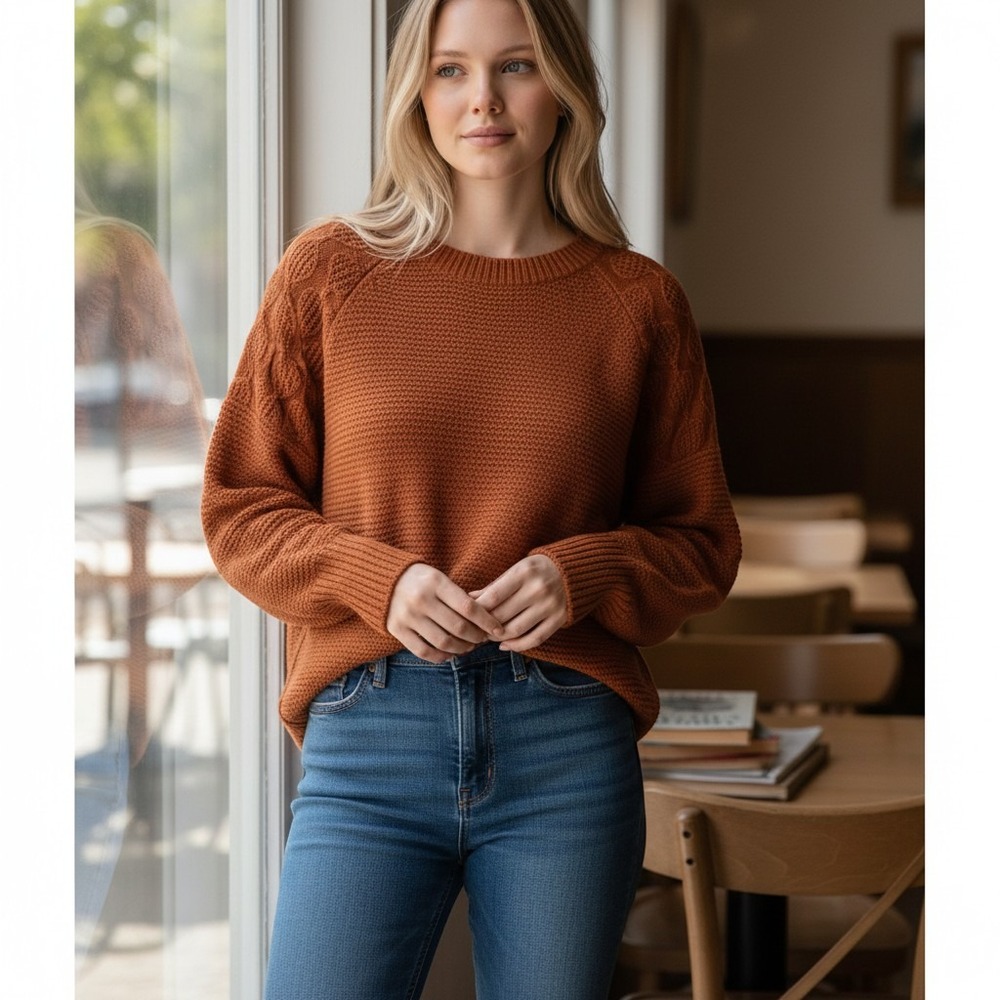 Cupshe Women's L Long Sleeve Knit Sweater Pullover Copper Brown‎ Textured
